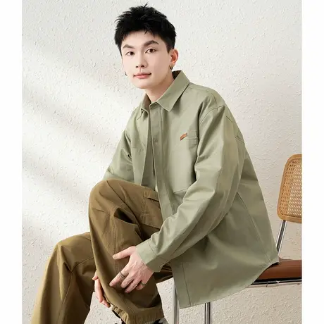 唐狮春季新款长袖衬衫男宽松复古工装纯色开衫衬衣休闲外套TM图片
