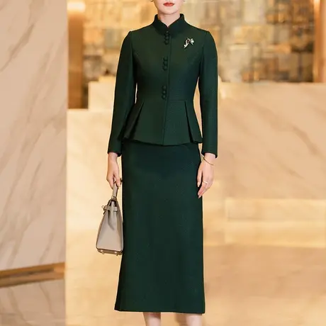 绿色毛呢套装女冬2023新款中式立领修身显瘦长袖过膝半身裙两件套商品大图