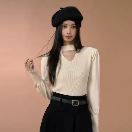 othermix设计感套头针织衫女2023秋冬新款纯色百搭打底衫内搭上衣图片