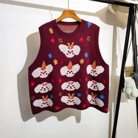 学院风卡通针织马甲背心女秋冬新款宽松圆领百搭无袖毛衣马夹外穿商品大图