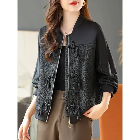 宝诗黎棒球领盘扣提花拼接短外套女宽松拉链开衫2023秋季上衣夹克商品大图