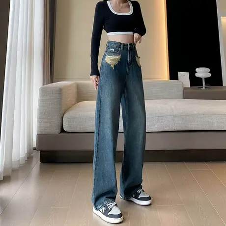 窄版阔腿牛仔裤女春秋款2023新款高腰垂感显瘦设计感拖地直筒裤子商品大图