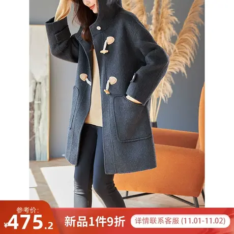 宝诗黎连帽绵羊毛呢子大衣2023冬季新款中长宽松大衣高级毛呢外套商品大图