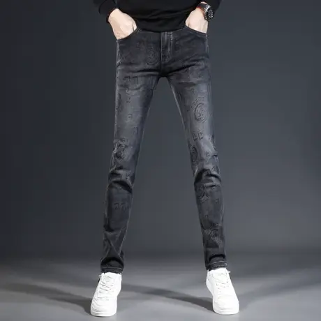 2023秋季新款男士牛仔裤印花小脚修身欧货高端弹力潮牌休闲长裤子商品大图