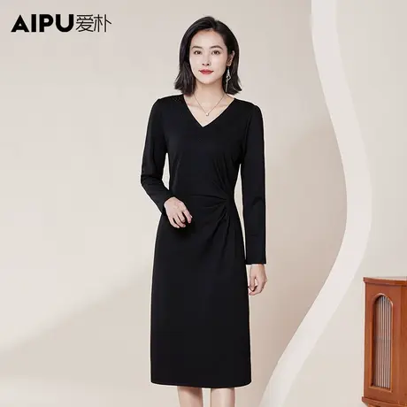 爱朴大码女装胖mm2023秋冬新款时髦显瘦V领烫钻捏褶高级感连衣裙图片
