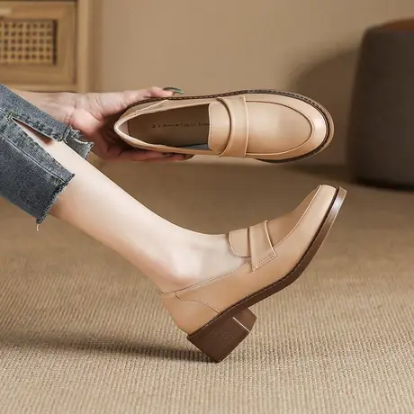 真皮通勤小皮鞋女2023年春夏季新款粗跟英伦风一脚蹬乐福鞋单鞋子商品大图