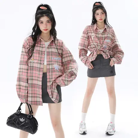 YEP韩版格子衬衫女2023新款春秋款街头复古衬衣宽松oversize上衣商品大图