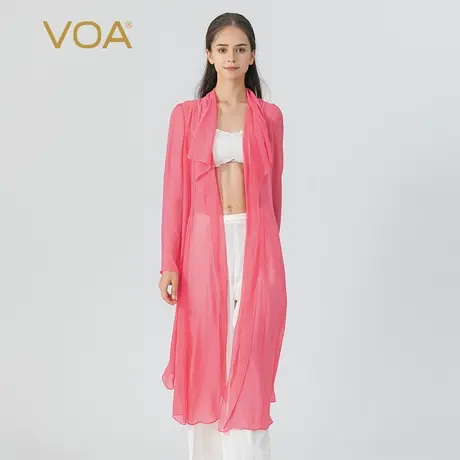 VOA桃红色100%纯桑蚕丝荷叶翻领长袖宽松不对称衣摆真丝开衫商品大图