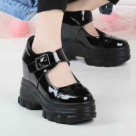 10cm内增高小皮鞋女英伦风亮面漆皮玛丽珍单鞋厚底真皮高跟女鞋子图片