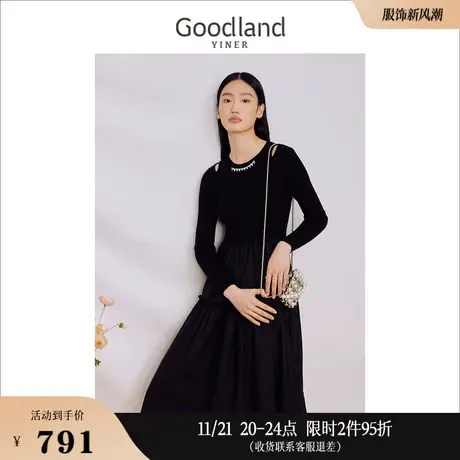 Goodland美地女装2023秋季赫本风钉珠收褶羊毛混纺针织连衣裙图片