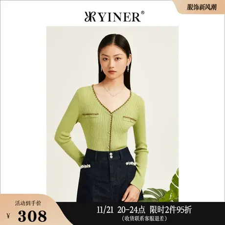 YINER音儿线上专选女装秋v领坑条纹套头羊毛针织衫商品大图