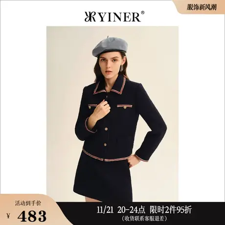 YINER音儿线上专选女装秋季小个子羊毛呢粗花呢休闲短外套配腰带商品大图