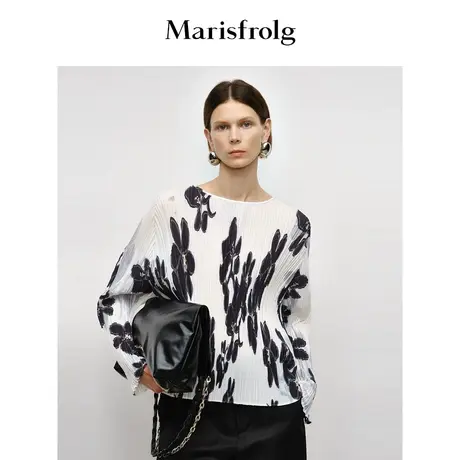 【商场同款】玛丝菲尔秋季新款牙签褶植物艺术印花薄款T恤商品大图