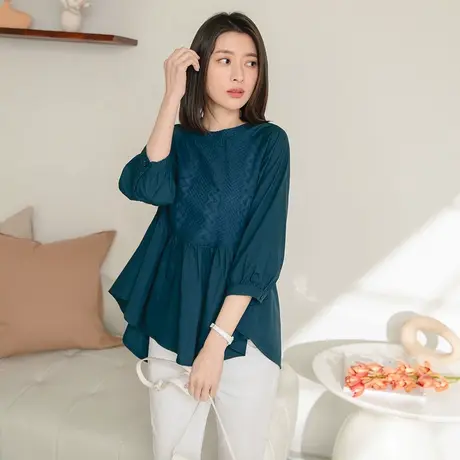 桔熊春秋季文艺范娃娃衫绣花蕾丝拼接遮肉长袖上衣女大码AB16760商品大图