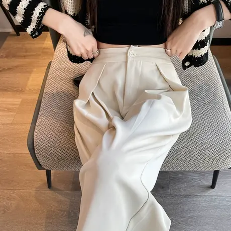 阔腿裤女春秋高腰宽松大码米白色裤子垂感胖mm新款窄版直筒西装裤商品大图