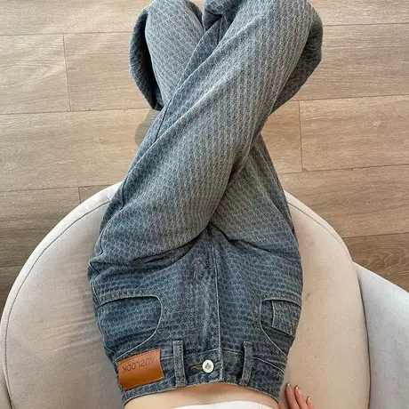 提花窄版阔腿牛仔裤女2024春秋新款高腰显瘦垂感百搭直筒拖地裤子商品大图