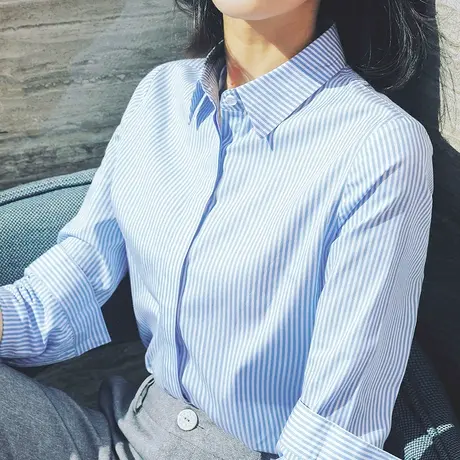雀后衬衫女职业气质蓝色条纹翻领工装上衣正装工作服面试纯棉衬衣商品大图