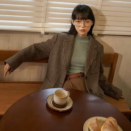 omont蛋挞家复古格子粗花羊毛呢子西装外套女宽松毛呢西服秋冬季图片