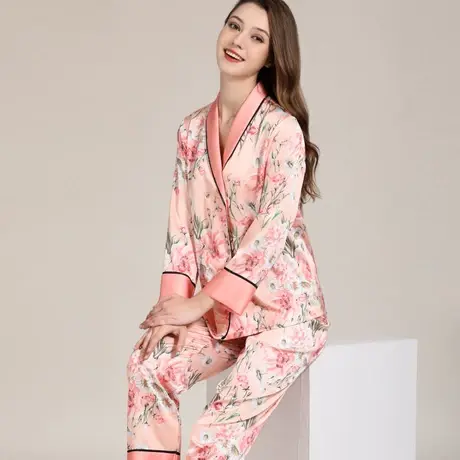 睡衣女士春夏季冰丝长袖长裤薄款高级感真丝套装大码丝绸家居服图片