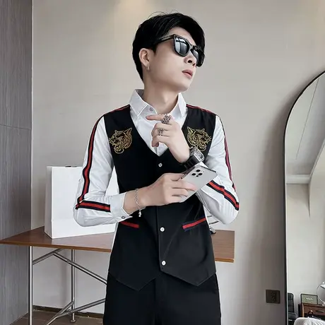 夏季时尚男士长袖衬衫网红潮牌假两件拼色休闲青年个性发型师衬衣商品大图