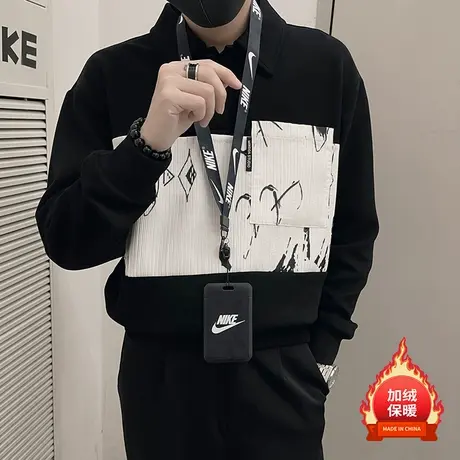 秋冬季不规则拼接设计感POLO领加绒卫衣男个性休闲内搭上衣高级感图片