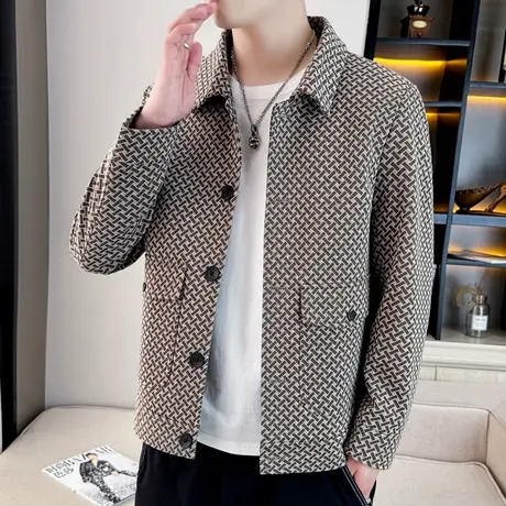 春秋季翻领格子夹克男韩版潮流短款风衣外套青年高端帅气秋装上衣商品大图