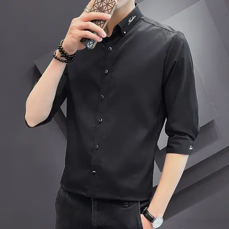 男士衬衫长袖高级感免烫高端休闲七分袖衬衣商务正装春夏季黑衬衣商品大图