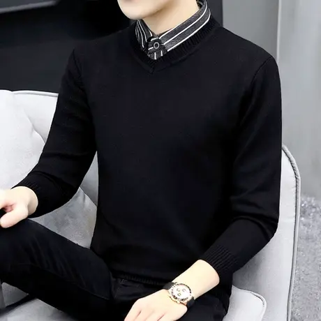 假两件毛衣男秋冬季衬衫领男士上衣服潮流假领加绒加厚打底针织衫商品大图