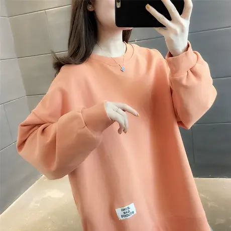 中长款贴标卫衣女纯色上衣圆领2022年新款韩版春秋季百搭外套潮流图片