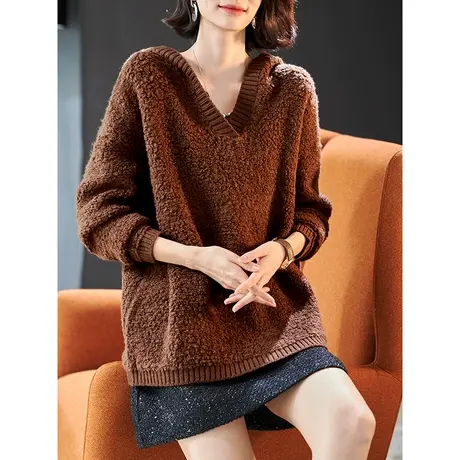 宝诗黎连帽宽松纯色套头上衣女春季羊毛针织衫2024年新款慵懒毛衣商品大图