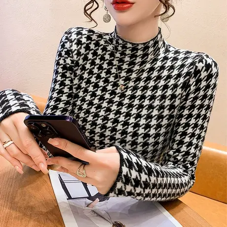 时尚千鸟格毛衣女秋冬加厚保暖一体绒针织衫内搭半高领打底上衣潮图片