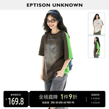EPTISON短袖T恤女2023年夏季新款纯棉宽松复古拼接设计感休闲上衣图片