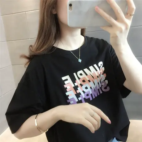 2023年夏季新款宽松显瘦bf百搭简约字母印花圆领短袖t恤上衣女ins商品大图