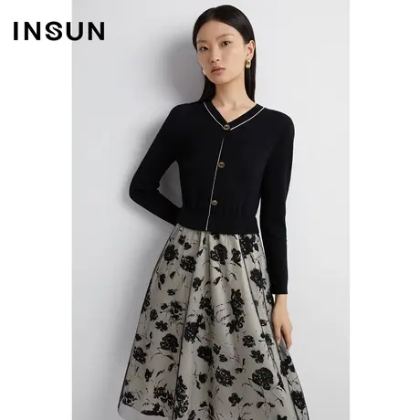 INSUN恩裳线上专选冬季吸睛金葱线网纱印花连衣裙图片