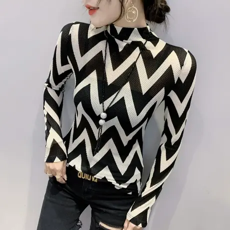 半高领打底衫女长袖2024春秋新款时尚条纹T恤修身紧身内搭上衣潮商品大图