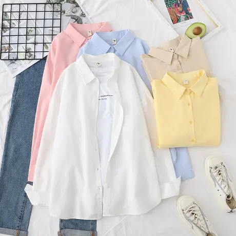 韩版文艺小清新纯色棉衬衫女春装2020宽松长袖衬衣少女上衣学院风商品大图