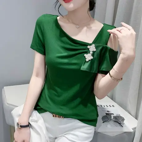 欧货性感露肩T恤女短袖设计感荷叶边上衣chic洋气百搭修身小衫潮图片
