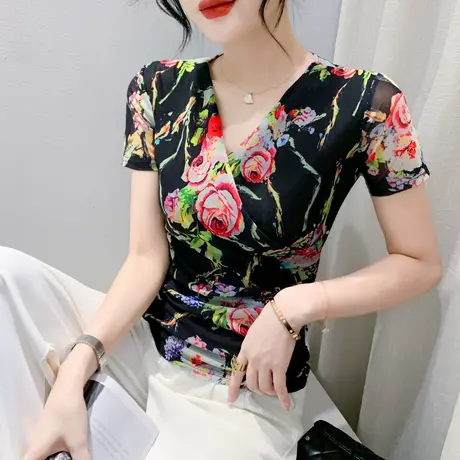 复古气质印花短袖T恤女2024夏季新款性感交叉V领小衫修身网纱上衣商品大图