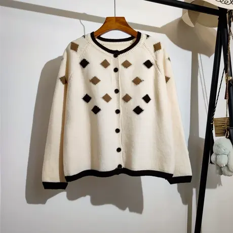 法式复古针织开衫女2023早秋新款宽松圆领设计感小众长袖毛衣外套商品大图