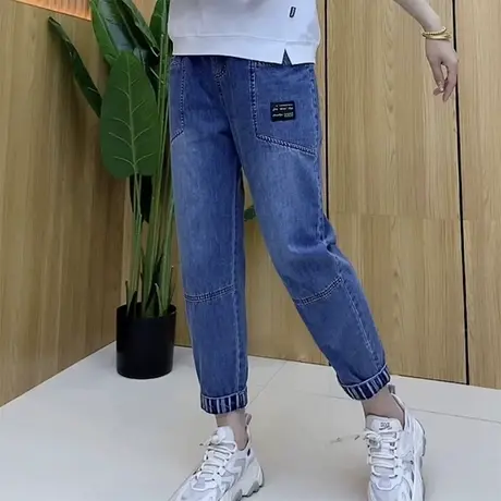 2023爆款牛仔裤女秋季新款大口袋松紧腰高腰显瘦九分贴标哈伦裤潮商品大图