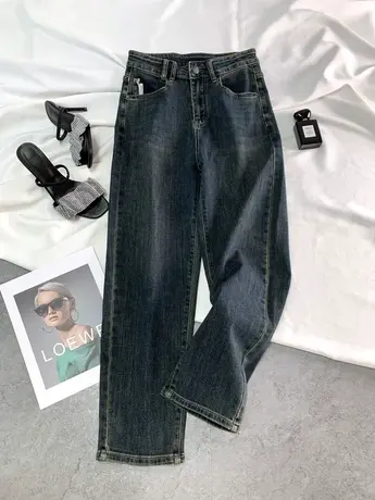 韩版复古高腰牛仔裤女2023早秋新款时髦爆款宽松阔腿直筒哈伦裤子商品大图