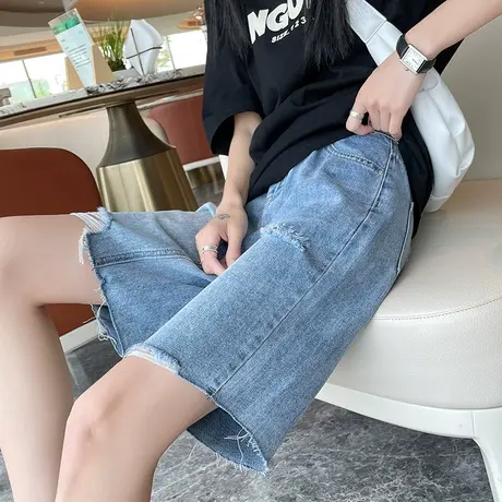 破洞五分牛仔短裤女潮ins高腰夏季薄款男友宽松阔腿显瘦直筒中裤商品大图
