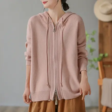 dza 复古短款连帽毛衣外套女士春秋宽松拉链针织开衫休闲棉线上衣图片