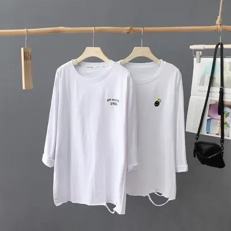 韩范长袖白t恤女秋装新款宽松显瘦遮肚刺绣中长款打底衫破洞上衣图片