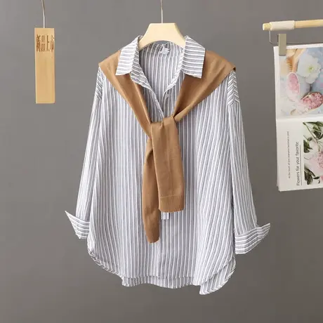 韩版蓝色条纹衬衫外套女中长款秋季2024新款休闲衬衣开衫polo上衣图片