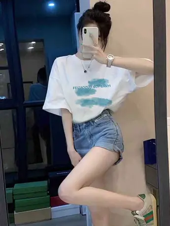 白色仿棉短袖t恤女装2023新款夏季美式高街复古港味chic正肩上衣图片