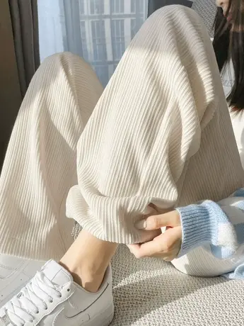 米白色雪尼尔阔腿裤女秋冬高腰垂感条绒小个子拖地休闲灯芯绒裤子商品大图