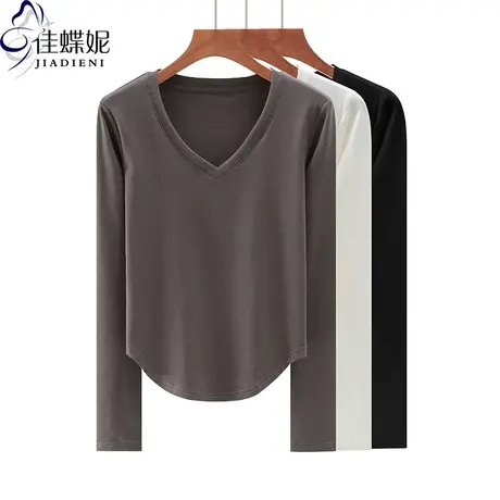 早秋新款韩版V领修身下摆圆弧纯棉纯色简约长袖上衣内搭女打底衫商品大图