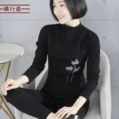 2024新款春装衫绣花中年妈妈长袖T恤女装简约上衣服半高领打底衫商品大图