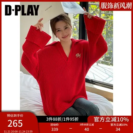 DPLAY冬新通勤ol风珊瑚正红宽松翻领长袖翻袖针织套头毛衣图片